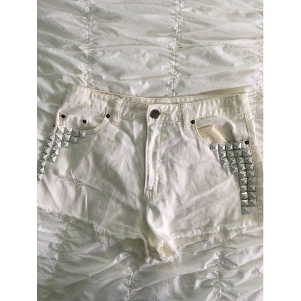 BDG High Rise white denim studded shorts